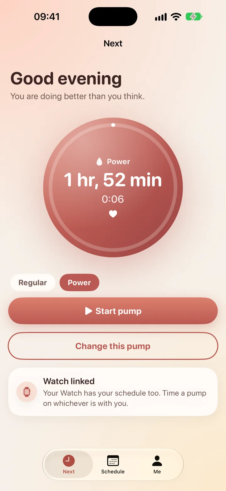 Sugarbush on iPhone showing a countdown ring to the next pump, a Power pump in 1 hour 52 minutes, with Start pump and Change this pump buttons