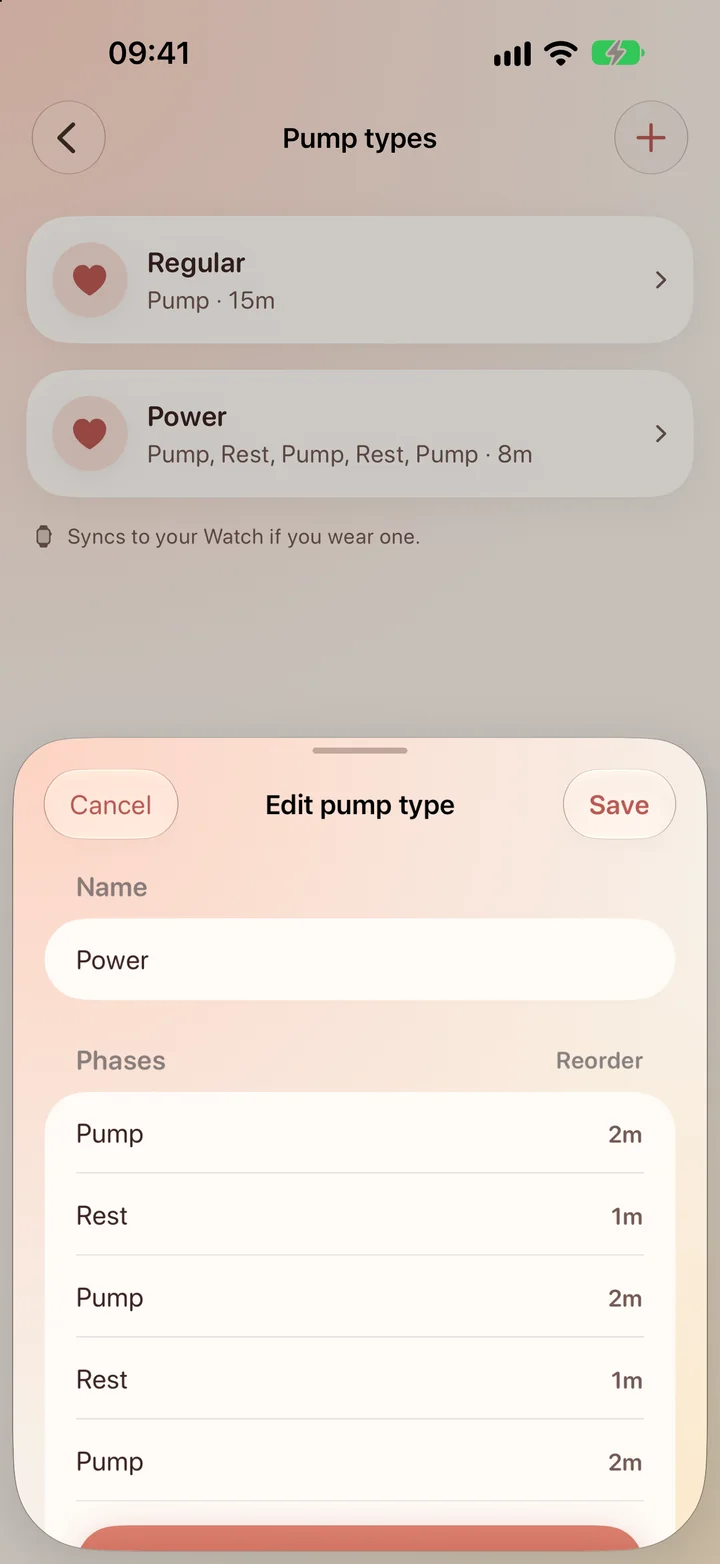 Edit pump type sheet for Power: pump 2 minutes, rest 1 minute, repeating