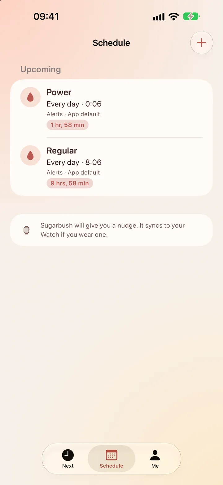 Schedule screen listing a Power pump at 0:06 and a Regular pump at 8:06