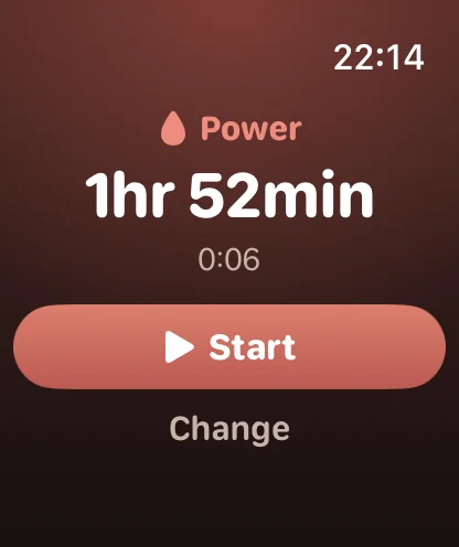 Apple Watch showing the next pump, Power, in 1 hour 52 minutes, with Start and Change buttons