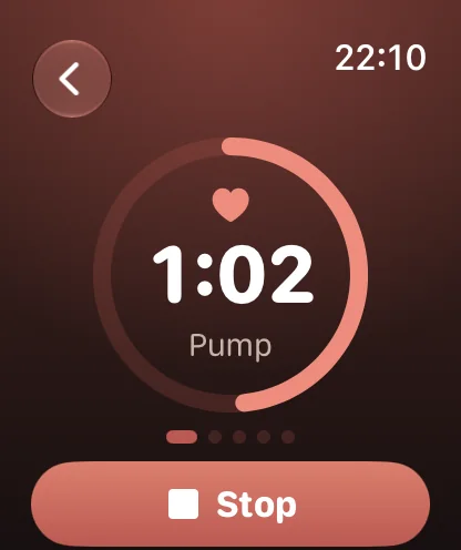 Apple Watch timing a pump phase with 1 minute 2 seconds left