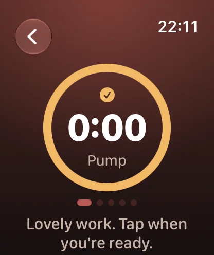 Apple Watch showing a completed phase with the message: Lovely work. Tap when you're ready